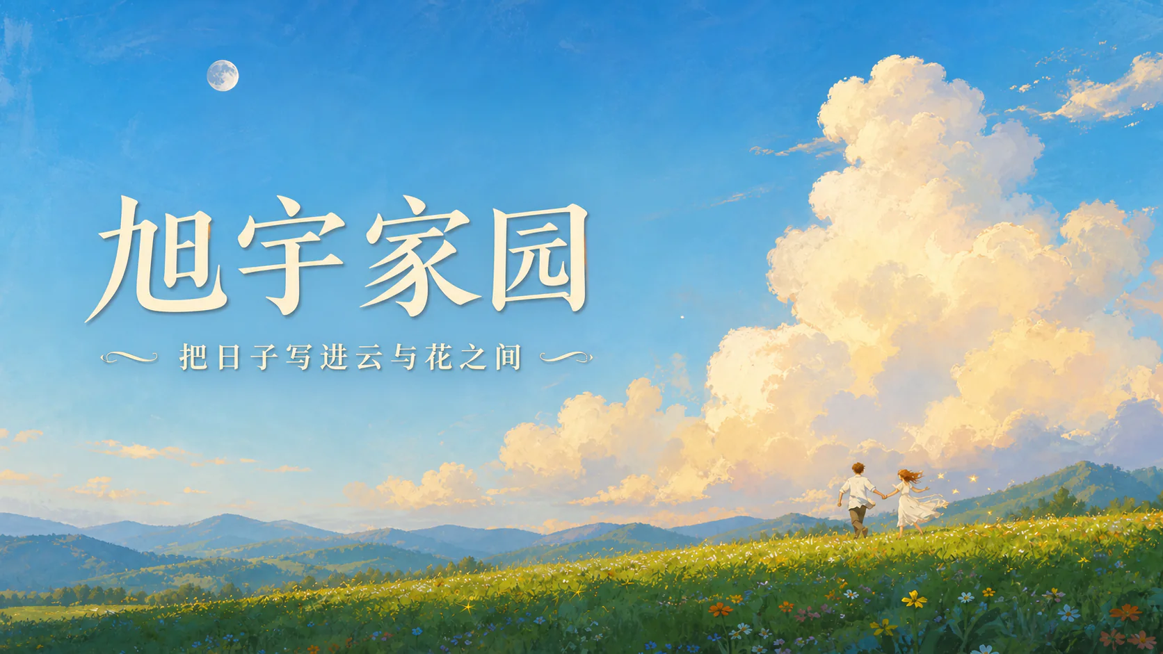 旭宇家园，两只原创猫咪依偎坐在温柔的山坡上